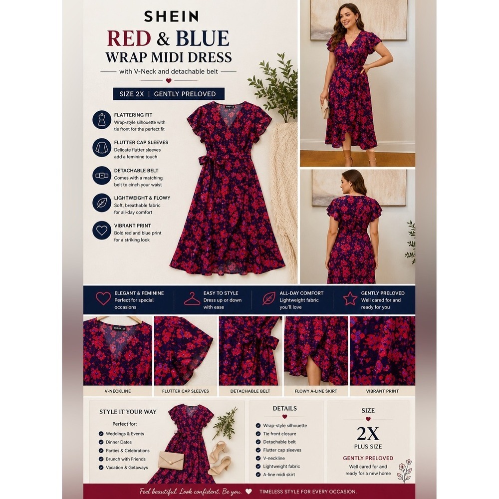 SHEIN Red and Blue Wrap Midi Dress‎ with V-Neck and detachable belt